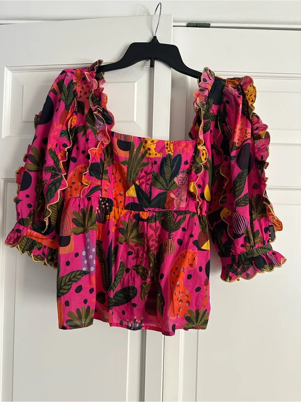 FARM Rio Hot Pink Tropical Puff-Sleeve Peplum Top